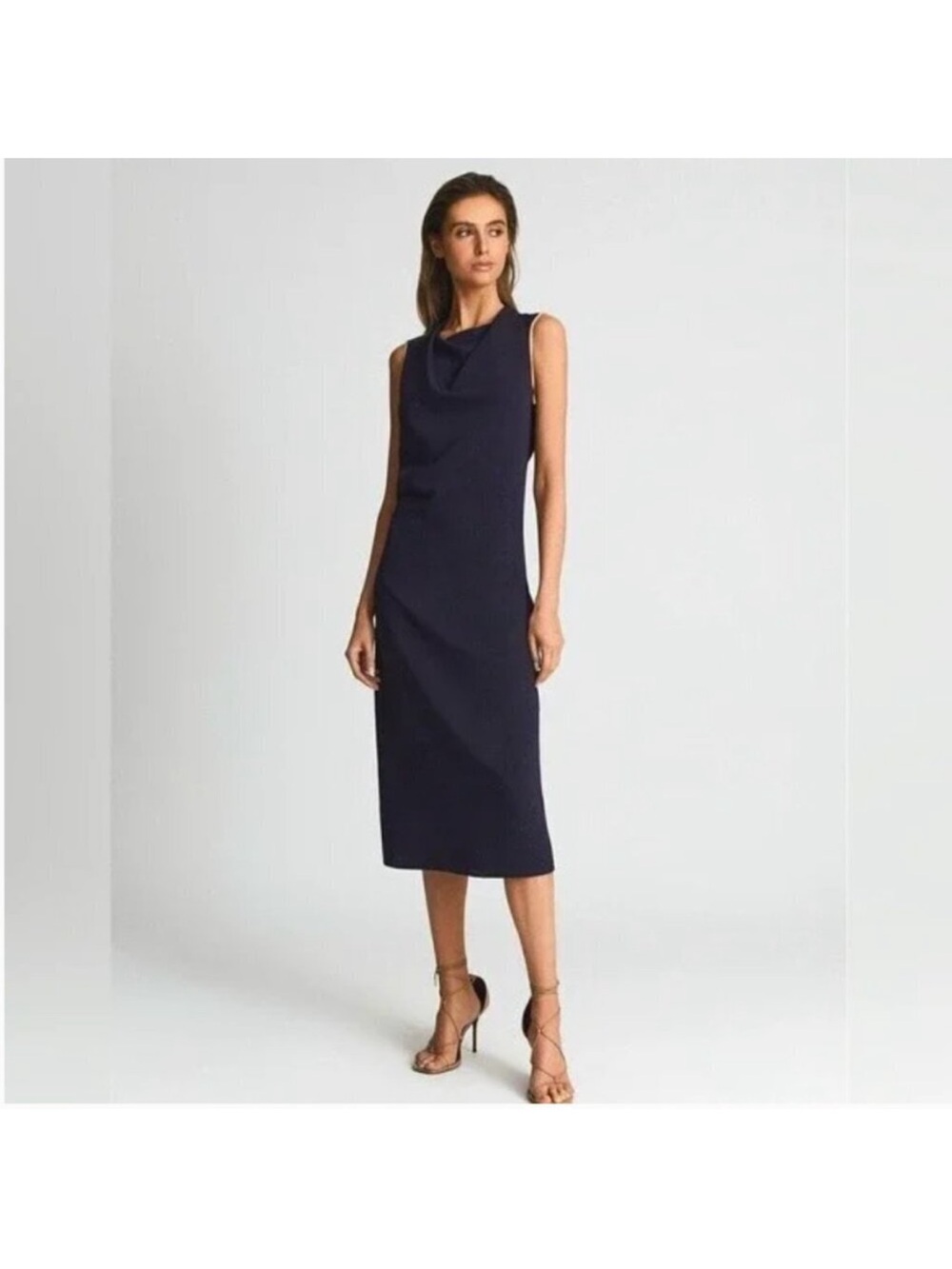 REISS Sleeveless Navy Cowl Neck Midi Dress